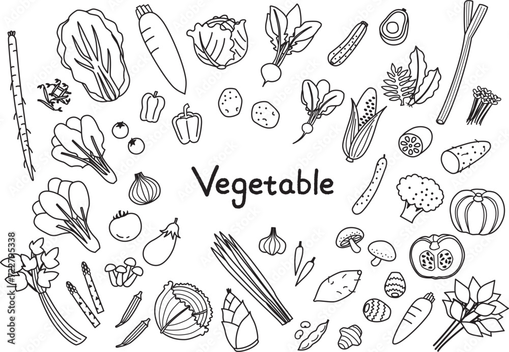 シンプルな野菜の線画イラストセット