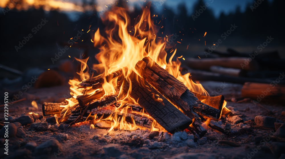 Small campfire with gentle flames beside a lake during a glowing sunset. Small campfire with gentle flames beside a lake during a glowing sunset.