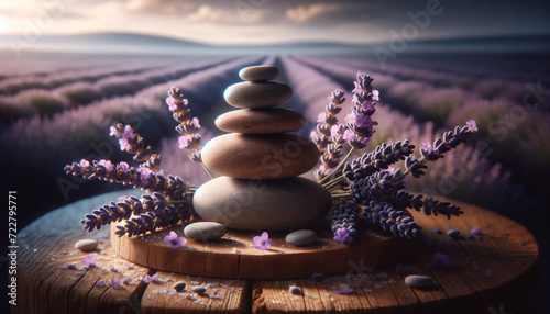 Zen Stones and Lavender Flowers Spa Still Life, A tranquil spa still life composition with Zen stones balanced and lavender flowers on a wooden surface, set against a lavender field backdrop.
