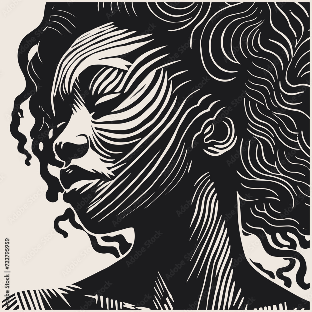 Abstract art vector outline illustration of african woman face. Black and white coloring page of girl face portrait. Modern print, poster image