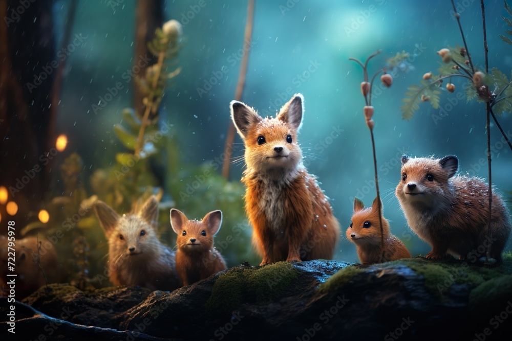 Obraz premium cute mini creatures in the forest generative ai