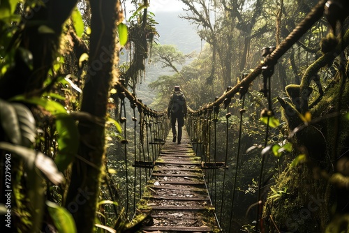 A tourist crosses a pedestrian bridge in the forest photo