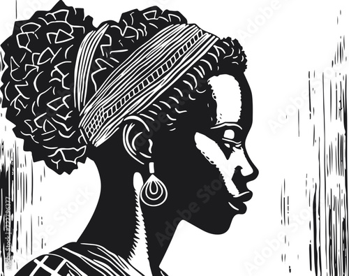 Abstract art vector outline illustration of african woman face. Black and white coloring page of girl face portrait. Modern print, poster image