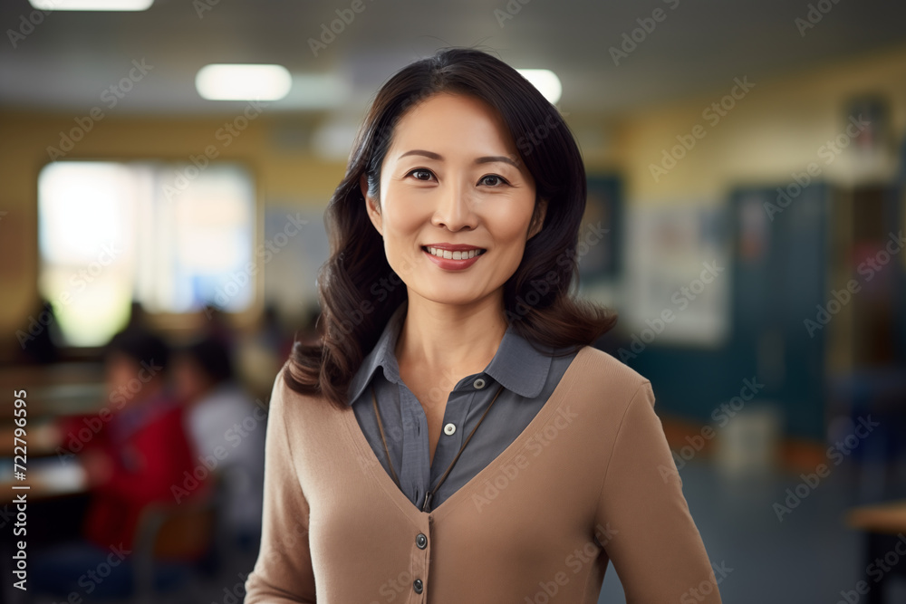 Smiling asian women teacher in a classroom. Asian teacher in a room. Lady teacher. At work. AI.	
