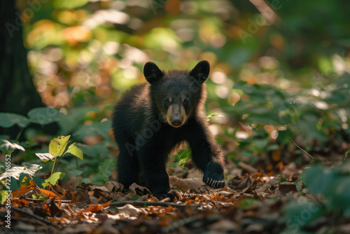 A lively bear cub embarks on a journey through the vibrant tapestry of the forest