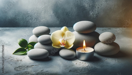 Zen Spa Concept with Stones  Orchid  and Candle  A serene spa setting with smooth stones  a delicate orchid  and a lit candle on a textured grey background  symbolizing peace and relaxation. 