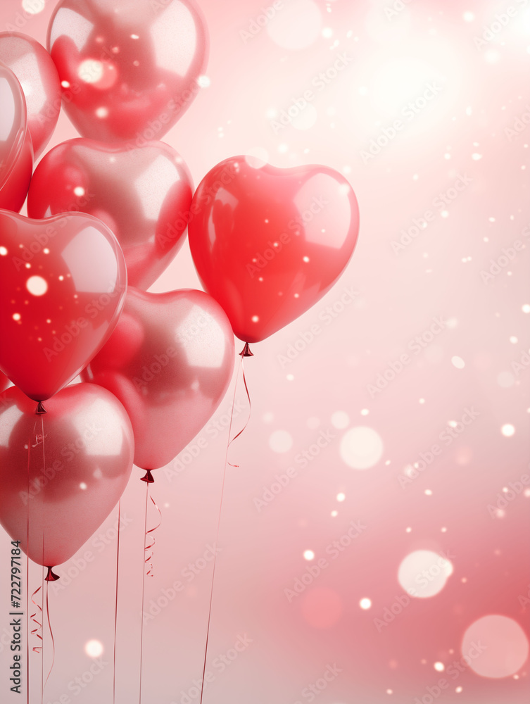 Beautiful vertical background for Valentine's Day,Romantic Glow Heart-Shaped Balloons on Rosy Bokeh Background