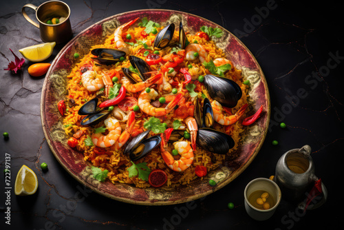Photo of a seafood paella with individual grains of rice, prawns, mussels, and peas floating, set against a backdrop that evokes the sea