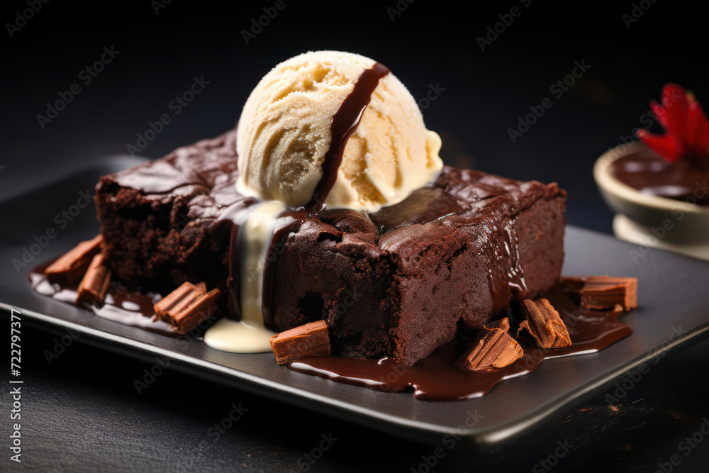 Photo of a rich, dark chocolate fudge brownie with melting vanilla ice cream on top, on a slate board Photo of a rich, dark chocolate fudge brownie with melting vanilla ice cream on top, on a slate board