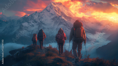 A line of trekkers with backpacks advances towards a snow-capped peak under a fiery sunset sky, symbolizing determination and adventure.
 photo