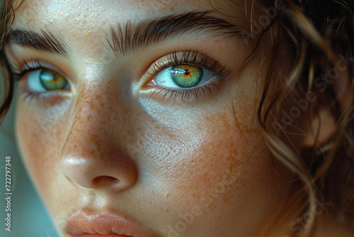 close-up of a pretty girl's face with beautiful big blue eyes, big lashes and eyebrows photo