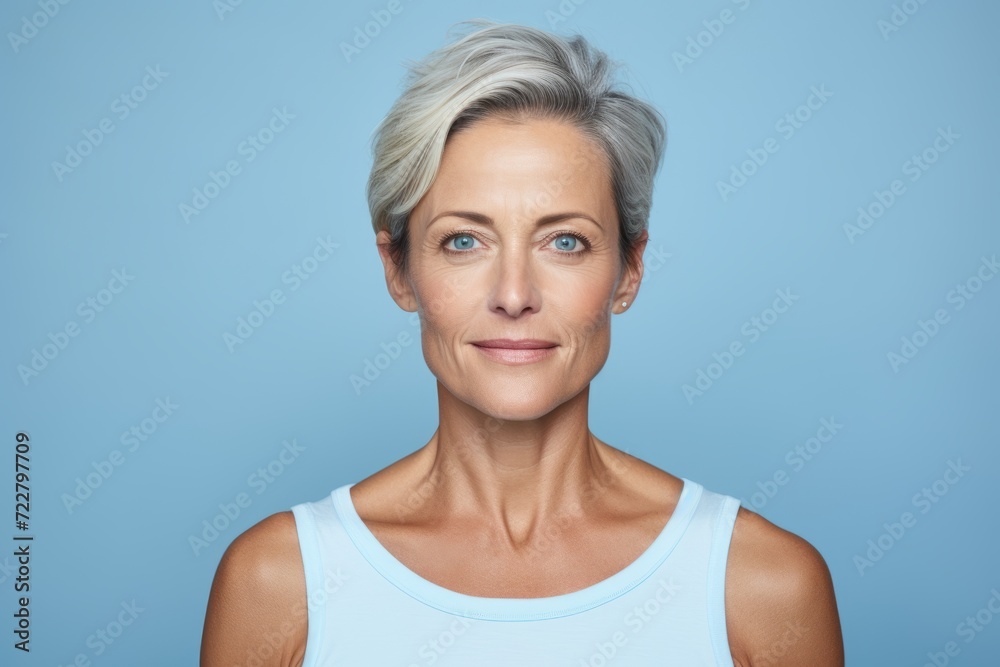 Portrait of beautiful middle aged woman looking at camera while standing against blue background Portrait of beautiful middle aged woman looking at camera while standing against blue background