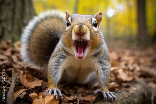 A lone squirrel exhibiting aggressive posturing and foam around its mouth, a rare but possible sign of rabies photo
