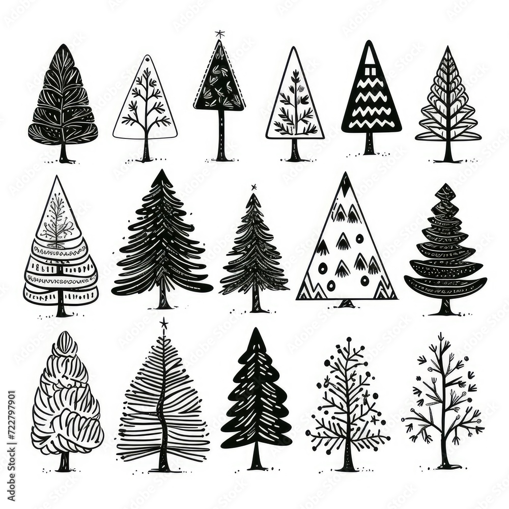 Obraz premium Christmas Tree Sketched Icon Hand Drawn, Xmas Tree Doodle Sketch Graphic Element, New Year Scribble Fir