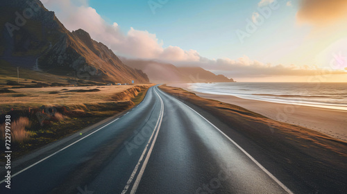 Road with mountain near beach at sunset © Ashley