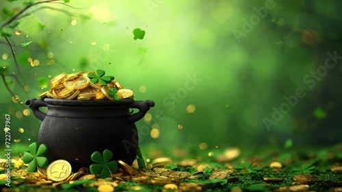 St. Patrick's Day theme with black pot, gold coins, and shamrocks, Ai Generated