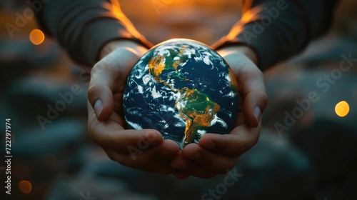 The Earth at night cradled in human hands, symbolizing Earth Day and energy-saving concept, Ai Generated