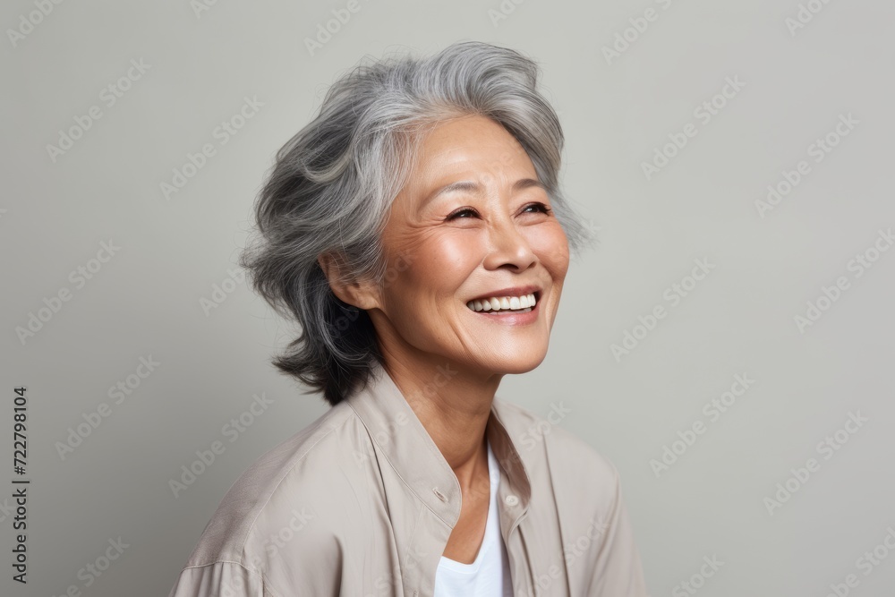 Happy asian senior woman smiling and looking at the camera while standing against grey background Happy asian senior woman smiling and looking at the camera while standing against grey background