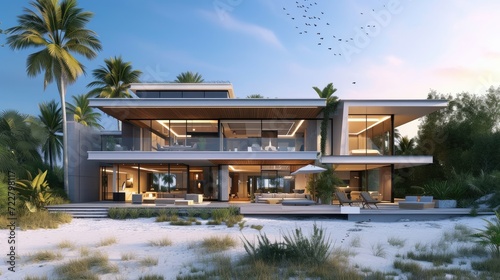 A 3D rendering of a modern beachfront house, a coastal dream come to life. Ai Generated photo