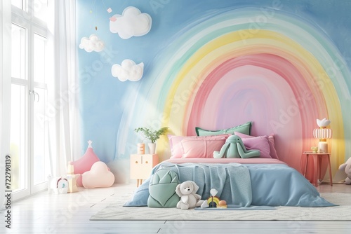 A vibrant haven for girls - a stunning photo of a modern and colorful kids bedroom. Ai Generated © Crazy Juke