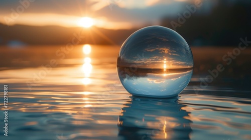 Experience the serenity of a glass ball poised delicately on the calm waters  a moment of pure tranquility. Ai Generated.