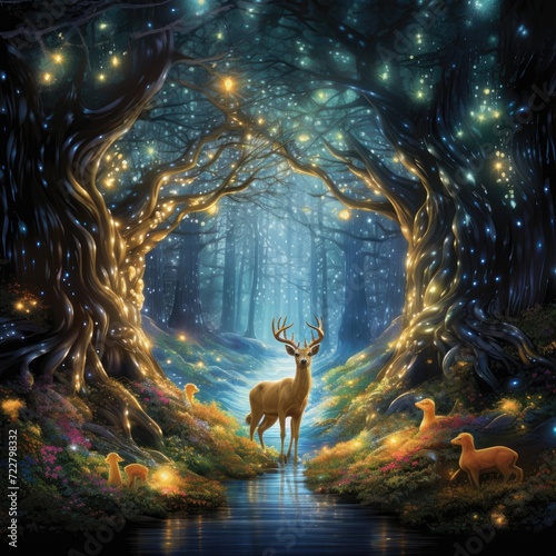 Illuminate the magical forest pathway, highlighting the majestic deer's presence. Ai Generated.