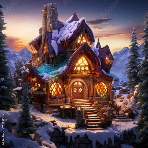 Reimagine the snowy mountain landscape with a creatively transformed cozy cabin. Ai Generated.