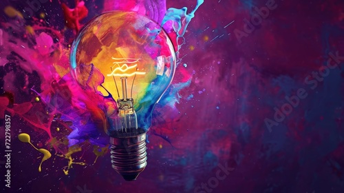 Innovative inspiration concept: liquid paint forms a vibrant lightbulb against purple, Ai Generated