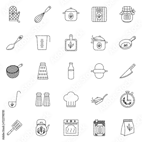 Cooking and baking icons set linear style