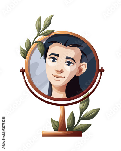 Woman with beauty eye patches in the mirror reflection. Beauty, skin care, cosmetic, spa concept. Isolated vector illustration.