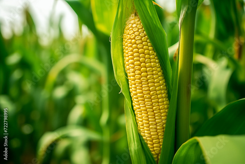 close-up of a single ripe corn on the stalk in green field