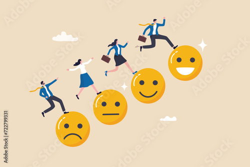 Employee happiness, wellbeing or positive attitude, emotional intelligence to improve success, joyful work or optimistic concept, business people jump from anxiety to delight smiling face emoticon.
