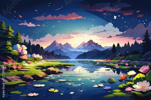lake illustration at night