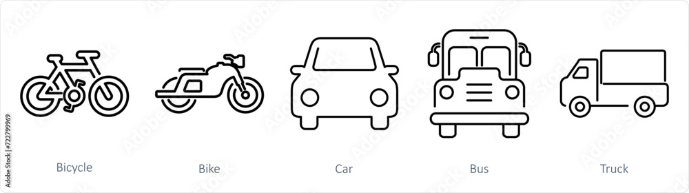 A set of 5 Mix icons as bicycle, bike, car
