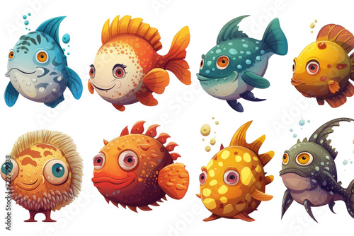 set of aquarium characters, funny marine creatures, puffer fish