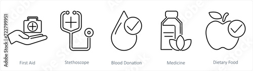 A set of 5 Mix icons as first aid, stethoscope, blood donation