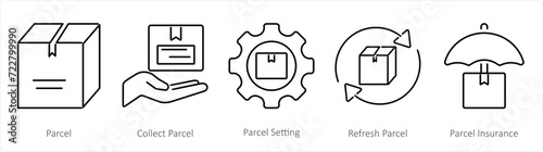 A set of 5 Mix icons as parcel, collect parcel, parcel setting