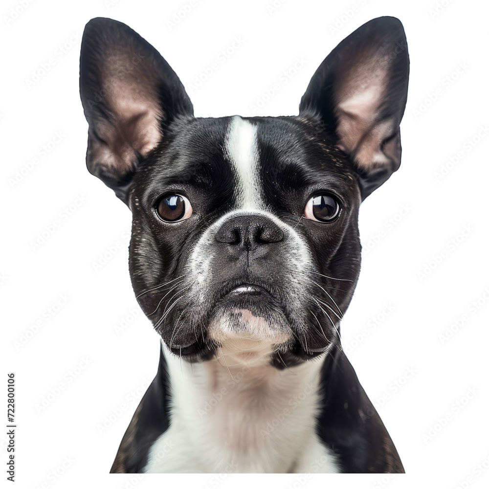 studio headshot portrait of Boston terrier dog looking forward