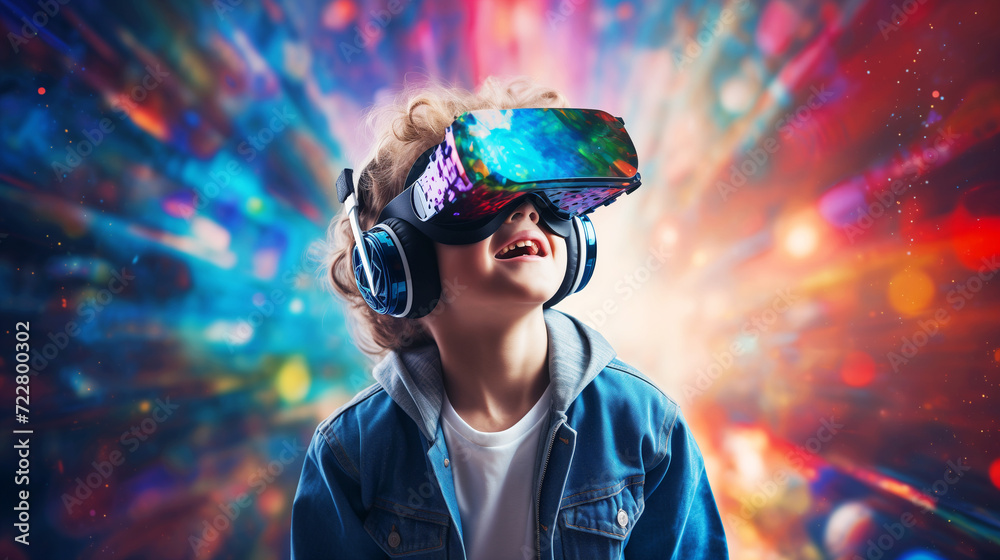 Child wearing a virtual reality headset. VR  to showcase the metaverse in action. AI Generative