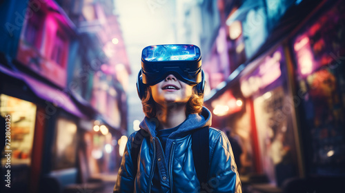 Child wearing a virtual reality headset. VR to showcase the metaverse in action. AI Generative