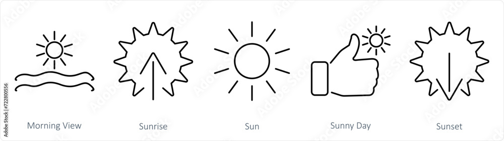 A set of 5 mix icons as morning view, sunrise, sun