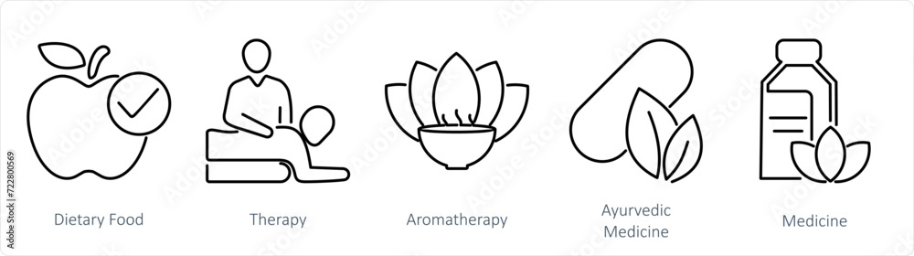 A set of 5 mix icons as dietary food, therapy, aromatherapy A set of 5 mix icons as dietary food, therapy, aromatherapy