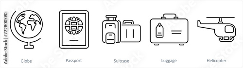 A set of 5 mix icons as globe, passport, suitcase