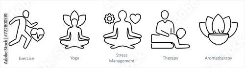 A set of 5 mix icons as exercise, yoga, stress management
