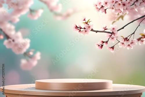Podium for Product Cosmetics product advertising stand with pink cherry blossom flowers on bokeh blur background. Empty natural stone pedestal platform to display beauty product. Mockup