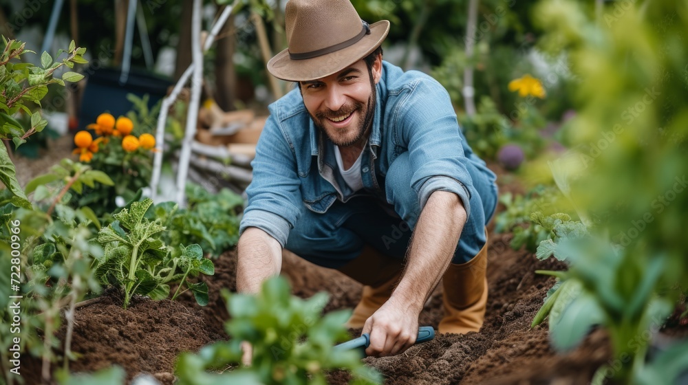 Fototapeta premium Young handsome gardener digging with a shovel in the garden