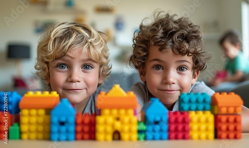 Two five-year-old boys are building a house from a multi-colored construction...