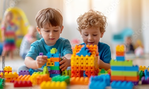 Two five-year-old boys are building a house from a multi-colored construction...