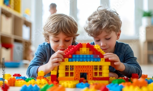 Two five-year-old boys are building a house from a multi-colored construction...