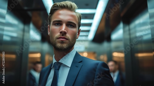 Handsome young businessman rides in an elevator